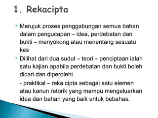  Merujuk proses penggabungan semua bahan
dalam pengucapan – idea, perdebatan dan
bukti – menyokong atau menentang sesuatu
kes
 Dilihat dari dua sudut – teori – penciptaan ialah
satu kajian apabila perdebatan dan bukti boleh
dicari dan diperolehi
- praktikal – reka cipta sebagai satu elemen
atau kanun retorik yang mampu mengeluarkan
idea dan bahan yang baik untuk bebahas.
 