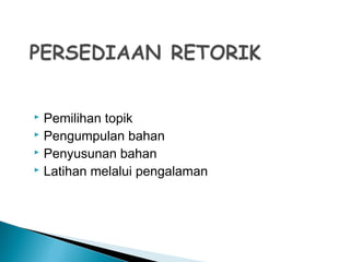  Pemilihan topik
 Pengumpulan bahan
 Penyusunan bahan
 Latihan melalui pengalaman
 