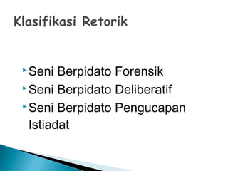 Seni Berpidato Forensik
Seni Berpidato Deliberatif
Seni Berpidato Pengucapan
Istiadat
 