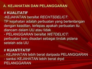A. KEJAHATAN DAN PELANGGARANA. KEJAHATAN DAN PELANGGARAN
## KUALITATIFKUALITATIF
-KEJAHATAN bersifatKEJAHATAN bersifat RECHTSDELICTRECHTSDELICT::
TP kejahatan adalah perbuatan yang bertentanganTP kejahatan adalah perbuatan yang bertentangan
dengan keadilan, terlepas apakah perbuatan itudengan keadilan, terlepas apakah perbuatan itu
diancam dalam UU atau tidakdiancam dalam UU atau tidak
- PELANGGARAN bersifatPELANGGARAN bersifat WETDELICTWETDELICT::
perbuatan baru disadari sebagai tindak pidanaperbuatan baru disadari sebagai tindak pidana
setelah ada UUsetelah ada UU
## KUANTITATIFKUANTITATIF
- KEJAHATAN lebih berat daripada PELANGGARAN- KEJAHATAN lebih berat daripada PELANGGARAN
- sanksi KEJAHATAN lebih berat drpd- sanksi KEJAHATAN lebih berat drpd
PELANGGARANPELANGGARAN
 
