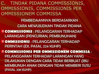 C. TINDAK PIDANA COMMISSIONIS,C. TINDAK PIDANA COMMISSIONIS,
OMMISSIONIS, COMMISSIONIS PEROMMISSIONIS, COMMISSIONIS PER
OMMISSIONEM COMMISSAOMMISSIONEM COMMISSA
PEMBEDAANNYA BERDASARKANPEMBEDAANNYA BERDASARKAN
CARA MEWUJUDKAN TINDAK PIDANACARA MEWUJUDKAN TINDAK PIDANA
COMMISSIONISCOMMISSIONIS : PELANGGARAN TERHADAP: PELANGGARAN TERHADAP
LARANGAN (PENCURIAN, PEMBUNUHAN)LARANGAN (PENCURIAN, PEMBUNUHAN)
OMMISSIONISOMMISSIONIS : PELANGGARAN TERHADAP: PELANGGARAN TERHADAP
PERINTAH (EX. PASAL 224 KUHP)PERINTAH (EX. PASAL 224 KUHP)
COMMISSIONIS PER OMMISSIONEM COMMISSACOMMISSIONIS PER OMMISSIONEM COMMISSA ::
PELANGGARAN TERHADAP LARANGAN YANGPELANGGARAN TERHADAP LARANGAN YANG
DILAKUKAN DENGAN CARA TIDAK BERBUAT (IBUDILAKUKAN DENGAN CARA TIDAK BERBUAT (IBU
MEMBUNUH ANAK DENGAN TIDAK MEMBERI SUSUMEMBUNUH ANAK DENGAN TIDAK MEMBERI SUSU
(PASAL 338 KUHP)(PASAL 338 KUHP)
 