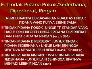 F. Tindak Pidana Pokok/Sederhana,F. Tindak Pidana Pokok/Sederhana,
Diperberat, RinganDiperberat, Ringan
PEMBEDAANYA BERDASARKAN KUALITAS TINDAKPEMBEDAANYA BERDASARKAN KUALITAS TINDAK
PIDANA YANG PUNYA ESENSI SAMAPIDANA YANG PUNYA ESENSI SAMA
TINDAK PIDANA POKOK : UNSUR TP STANDAR YANGTINDAK PIDANA POKOK : UNSUR TP STANDAR YANG
HARUS DIMILIKI OLEH TINDAK PIDANA DIPERBERATHARUS DIMILIKI OLEH TINDAK PIDANA DIPERBERAT
DAN TINDAK PIDANA RINGAN (ex pls 362)DAN TINDAK PIDANA RINGAN (ex pls 362)
TINDAK PIDANA DIPERBERAT : UNSUR TINDAKTINDAK PIDANA DIPERBERAT : UNSUR TINDAK
PIDANA SEDERHANA + UNSUR LAIN SEHINGGAPIDANA SEDERHANA + UNSUR LAIN SEHINGGA
SIFATNYA MENJADI LEBIH BERATSIFATNYA MENJADI LEBIH BERAT (PASAL 363 KUHP)(PASAL 363 KUHP)
TINDAK PIDANA RINGAN : UNSUR TINDAK PIDANATINDAK PIDANA RINGAN : UNSUR TINDAK PIDANA
SEDERHANA + UNSUR LAIN SEHINGGA SIFATNYASEDERHANA + UNSUR LAIN SEHINGGA SIFATNYA
MENJADI LEBIH RINGAN (364)MENJADI LEBIH RINGAN (364)
 