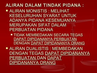 ALIRAN DALAM TINDAK PIDANA :ALIRAN DALAM TINDAK PIDANA :
 ALIRAN MONISTIS : MELIHATALIRAN MONISTIS : MELIHAT
KESELURUHAN SYARAT UNTUKKESELURUHAN SYARAT UNTUK
ADANYA PIDANA KESEMUANYAADANYA PIDANA KESEMUANYA
MERUPAKAN SIFAT DALAMMERUPAKAN SIFAT DALAM
PERBUATAN PIDANAPERBUATAN PIDANA
 TIDAK MEMBEDAKAN SECARA TEGASTIDAK MEMBEDAKAN SECARA TEGAS
DAPAT DIPIDANANYA PERBUATANDAPAT DIPIDANANYA PERBUATAN
DENGANDENGAN DAPAT DIPIDANANYA ORANGDAPAT DIPIDANANYA ORANG
 ALIRAN DUALISTIS : MEMBEDAKANALIRAN DUALISTIS : MEMBEDAKAN
DENGAN TEGASDENGAN TEGAS DAPAT DIPIDANANYADAPAT DIPIDANANYA
PERBUATANPERBUATAN DANDAN DAPATDAPAT
DIPIDANANYA ORANGDIPIDANANYA ORANG
 