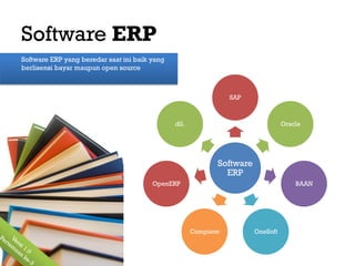 Software ERP
Software ERP yang beredar saat ini baik yang
berlisensi bayar maupun open source



                                                                 SAP



                                               dll.                               Oracle




                                                             Software
                                                               ERP
                                        OpenERP                                       BAAN




                                                      Compiere          OneSoft
 