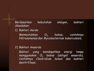 b. Berdasarkan kebutuhan oksigen, bakteri 
dibedakan: 
1) Bakteri Aerob 
Membutuhkan O2 bebas, contohnya 
Nitrosomonas dan Mycobacterium tuberculosis. 
2) Bakteri Anaerob 
Bakteri yang mendapatkan energi tanpa 
menggunakan O2 bebas (obligat anaerob). 
Contohnya Clostridium tetani dan bakteri 
denitrifikasi. 
 
