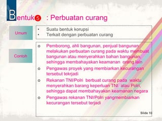 Slide 10
Contoh
entuk : Perbuatan curang
• Suatu bentuk korupsi
• Terkait dengan perbuatan curang
5
 Pemborong, ahli bangunan, penjual bangunan
melakukan perbuatan curang pada waktu membuat
bangunan atau menyerahkan bahan bangunan,
sehingga membahayakan keamanan orang lain
 Pengawas proyek yang membiarkan kecurangan
tersebut tekrjadi
 Rekanan TNI/Polri berbuat curang pada waktu
menyerahkan barang keperluan TNI atau Polri,
sehingga dapat membahayakan keamanan negara
 Pengawas rekanan TNI/Polri yangmembiarkan
kecurangan tersebut terjadi
Umum
 