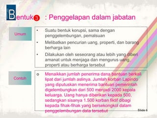 Slide 6
Contoh
entuk : Penggelapan dalam jabatan
• Suatu bentuk korupsi, sama dengan
penggelembungan, pemalsuan
• Melibatkan pencurian uang, properti, dan barang
berharga lain
• Dilakukan oleh seseorang atau lebih yang diberi
amanat untuk menjaga dan mengurus uang,
properti atau berharga tersebut
3
 Menaikkan jumlah penerima dana bantuan berkali
lipat dari jumlah aslinya. Jumlah korban Lapindo
yang diputuskan menerima bantuan pemerintah
digelembungkan dari 500 menjadi 2000 kepala
keluarga. Uang hanya diberikan kepada 500,
sedangkan sisanya 1.500 korban fiktif dibagi
kepada fihak-fihak yang bersekongkol dalam
penggelembungan data tersebut
Umum
 