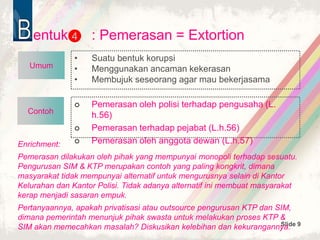 Slide 9
Contoh
entuk : Pemerasan = Extortion
• Suatu bentuk korupsi
• Menggunakan ancaman kekerasan
• Membujuk seseorang agar mau bekerjasama
4
 Pemerasan oleh polisi terhadap pengusaha (L.
h.56)
 Pemerasan terhadap pejabat (L.h.56)
 Pemerasan oleh anggota dewan (L.h.57)
Umum
Enrichment:
Pemerasan dilakukan oleh pihak yang mempunyai monopoli terhadap sesuatu.
Pengurusan SIM & KTP merupakan contoh yang paling kongkrit, dimana
masyarakat tidak mempunyai alternatif untuk mengurusnya selain di Kantor
Kelurahan dan Kantor Polisi. Tidak adanya alternatif ini membuat masyarakat
kerap menjadi sasaran empuk.
Pertanyaannya, apakah privatisasi atau outsource pengurusan KTP dan SIM,
dimana pemerintah menunjuk pihak swasta untuk melakukan proses KTP &
SIM akan memecahkan masalah? Diskusikan kelebihan dan kekurangannya.
 