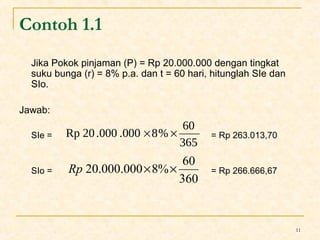 11 
Contoh 1.1 
Jika Pokok pinjaman (P) = Rp 20.000.000 dengan tingkat 
suku bunga (r) = 8% p.a. dan t = 60 hari, hitunglah SIe dan 
SIo. 
Jawab: 
Rp 20.000 .000 ´8%´ 60 
SIe = = Rp 263.013,70 
365 
Rp 20.000.000´8%´ 60 
SIo = = Rp 266.666,67 
360 
 