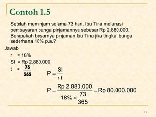 13 
Contoh 1.5 
Setelah meminjam selama 73 hari, Ibu Tina melunasi 
pembayaran bunga pinjamannya sebesar Rp 2.880.000. 
Berapakah besarnya pinjaman Ibu Tina jika tingkat bunga 
sederhana 18% p.a.? 
Jawab: 
r = 18% 
SI = Rp 2.880.000 
t = 
73 
365 
Rp 80.000.000 
P = 
SI 
P Rp 2.880.000 
18% 73 
365 
r t 
= 
´ 
= 
 