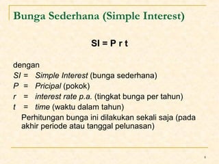 8 
Bunga Sederhana (Simple Interest) 
SI = P r t 
dengan 
SI = Simple Interest (bunga sederhana) 
P = Pricipal (pokok) 
r = interest rate p.a. (tingkat bunga per tahun) 
t = time (waktu dalam tahun) 
Perhitungan bunga ini dilakukan sekali saja (pada 
akhir periode atau tanggal pelunasan) 
 