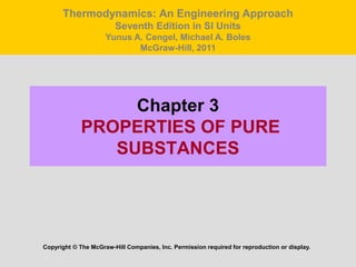 Thermodynamics: An Engineering Approach 
Seventh Edition in SI Units 
Yunus A. Cengel, Michael A. Boles 
McGraw-Hill, 2011 
Chapter 3 
PROPERTIES OF PURE 
SUBSTANCES 
Copyright © The McGraw-Hill Companies, Inc. Permission required for reproduction or display. 
 