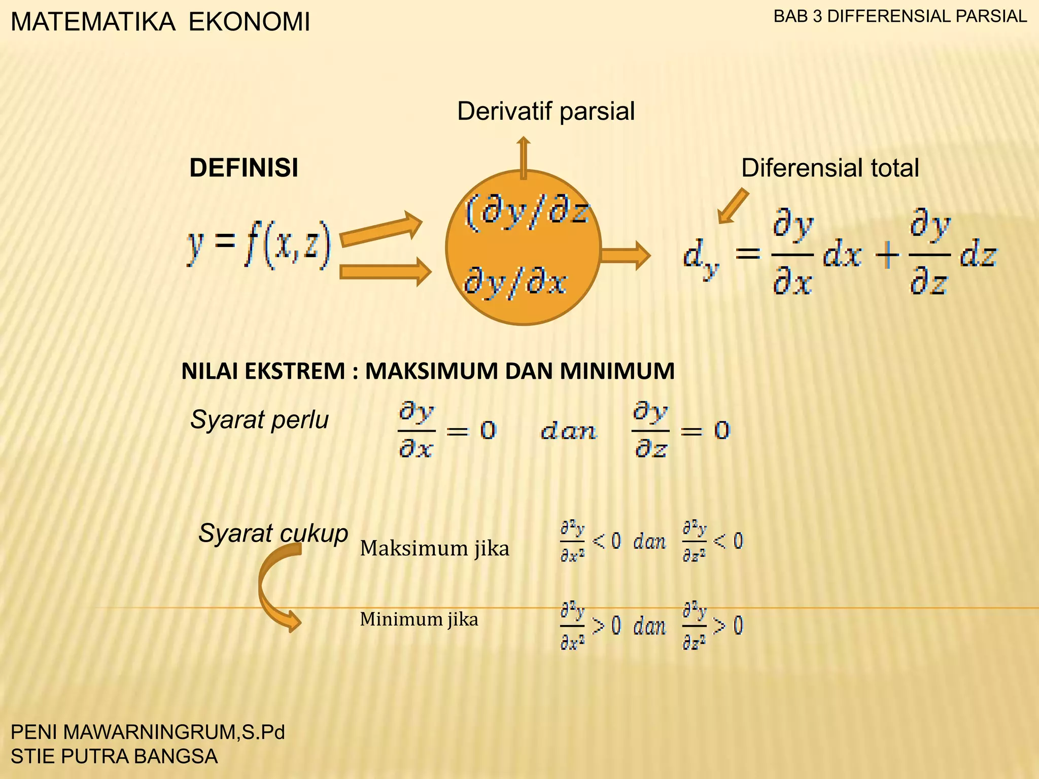 BAB 3 DIFFERENSIAL PARSIAL

MATEMATIKA EKONOMI

Derivatif parsial
DEFINISI

Diferensial total

NILAI EKSTREM : MAKSIMUM DAN MINIMUM
Syarat perlu

Syarat cukup

Maksimum jika
Minimum jika

PENI MAWARNINGRUM,S.Pd
STIE PUTRA BANGSA

 
