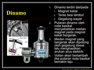 KHB © 2007 Zaxx – SMKTD3 All Right Reserved
Dinamo
1. Dinamo terdiri daripada
1. Magnet kekal
2. Teras besi lembut
3. Gegelung wayar
2. Putaran dinamo oleh
roda basikal
menyebabkan medan
magnet pada magnet
kekal bergerak.
3. Medan magnet yang
bergerak akan dipotong
oleh gegelung dawai
lalu menghasilkan
aruhan arus elektrik.
4. Voltan akan bertambah
jika putaran roda basikal
semakin laju.
 