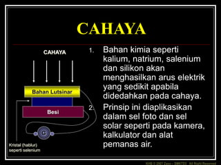 KHB © 2007 Zaxx – SMKTD3 All Right Reserved
CAHAYA
1. Bahan kimia seperti
kalium, natrium, salenium
dan silikon akan
menghasilkan arus elektrik
yang sedikit apabila
didedahkan pada cahaya.
2. Prinsip ini diaplikasikan
dalam sel foto dan sel
solar seperti pada kamera,
kalkulator dan alat
pemanas air.
Bahan Lutsinar
Besi
G
CAHAYA
Kristal (hablur)
seperti selenium
 