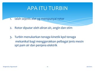 PRINSIP KEMAGNETAN- B. Turbin
Empangan Penjana Elektrik

Roda Turbin

rotor

designed by cikguziana78

10

26/12/2012

 