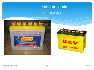 Jenis Sel Kering- 4. sel nikel
cadmium (NiCad)

1. Digunakan pada peralatan tanpa wayar
(cordless)
2. Boleh dicas semula sehingga 1000 kali dgn
menggunakan peralatan khas
designed by cikguziana78

23

26/12/2012

 