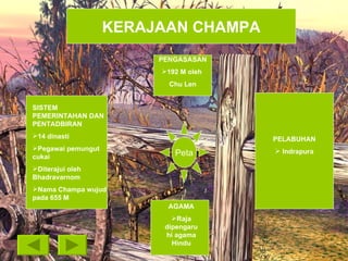 PENGASASAN 192 M oleh  Chu Len SISTEM PEMERINTAHAN DAN PENTADBIRAN 14 dinasti Pegawai pemungut cukai Diterajui oleh Bhadravarnom Nama Champa wujud pada 655 M PELABUHAN Indrapura AGAMA Raja dipengaruhi agama Hindu Peta KERAJAAN CHAMPA 