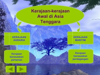 Kerajaan-kerajaan Awal di Asia Tenggara KERAJAAN AGRARIA KERAJAAN MARITIM Kerajaan berasaskan pertanian Kerajaan berasaskan perdagangan 