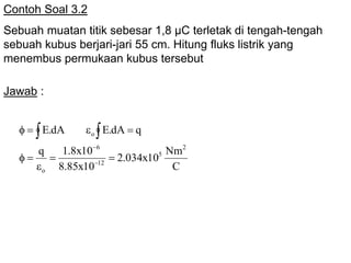 Contoh Soal 3.2
Sebuah muatan titik sebesar 1,8 µC terletak di tengah-tengah
sebuah kubus berjari-jari 55 cm. Hitung fluks listrik yang
menembus permukaan kubus tersebut
Jawab :
C
Nm
10x034.2
10x85.8
10x8.1q
qdA.EdA.E
2
5
12
6
o
o







 