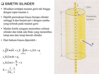 SIMETRI SILINDER
• Misalkan terdapat muatan garis tak hingga
dengan rapat muatan 
• Dipilih permukaan Gauss berupa silinder
setinggi h dan berjari-jari r dengan sumbu
yang terletak pada muatan garis
• Medan listrik seragam menembus selimut
silinder dan tidak ada fluks yang menembus
tutup atas dan tutup bawah silinder
• Dari hukum Gauss diperoleh :
r2
1
E
h
q
)r2(E
qh)r2(E
qEAdAEAdE
o
i
o
io
i
o
utlimse
oo





  

 