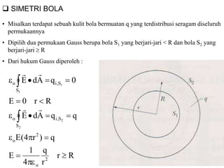  SIMETRI BOLA
• Misalkan terdapat sebuah kulit bola bermuatan q yang terdistribusi seragam diseluruh
permukaannya
• Dipilih dua permukaan Gauss berupa bola S1 yang berjari-jari < R dan bola S2 yang
berjari-jari  R
• Dari hukum Gauss diperoleh :
Rr
r
q
4
1
E
q)r4(E
qqAdE
Rr0E
0qAdE
2
o
2
o
S,i
S
o
S,i
S
o
2
2
1
1











 