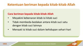 Cara beriman kepada kitab-kitab Allah
• Meyakini kebenaran kitab isi kitab suci
• Tidak membeda-bedakan antara kitab suci satu
dengan kitab suci lainnya
• Menaati isi kitab suci dalam kehidupan sehari-hari
Ketentuan beriman kepada kitab-kitab Allah
 