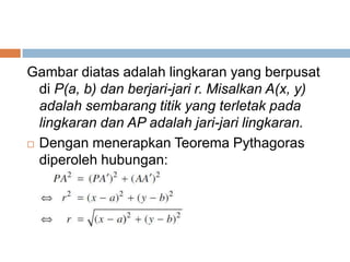 Gambar diatas adalah lingkaran yang berpusat
  di P(a, b) dan berjari-jari r. Misalkan A(x, y)
  adalah sembarang titik yang terletak pada
  lingkaran dan AP adalah jari-jari lingkaran.
 Dengan menerapkan Teorema Pythagoras

  diperoleh hubungan:
 