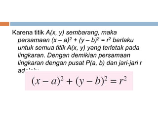 Karena titik A(x, y) sembarang, maka
 persamaan (x – a)2 + (y – b)2 = r2 berlaku
 untuk semua titik A(x, y) yang terletak pada
 lingkaran. Dengan demikian persamaan
 lingkaran dengan pusat P(a, b) dan jari-jari r
 adalah:
 