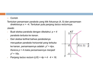    Contoh
Tentukan persamaan parabola yang titik fokusnya (4, 0) dan persamaan
   direktrisnya x = –4. Tentukan pula panjang lactus rectumnya.
Jawab:
   Buat sketsa parabola dengan diketahui: p = 4
    parabola terbuka ke kanan.
   Dari sketsa terlihat bahwa parabolanya
    merupakan parabola horizontal yang terbuka
    ke kanan, persamaannya adalah: y2 = 4px.
    Karena p = 4 maka persamaannya menjadi
    y2 = 16x.
   Panjang lactus rectum (LR) = 4p = 4 · 4 = 16.
 