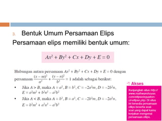 3. Bentuk Umum Persamaan Elips
Persamaan elips memiliki bentuk umum:
 