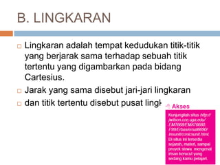 B. LINGKARAN
   Lingkaran adalah tempat kedudukan titik-titik
    yang berjarak sama terhadap sebuah titik
    tertentu yang digambarkan pada bidang
    Cartesius.
   Jarak yang sama disebut jari-jari lingkaran
   dan titik tertentu disebut pusat lingkaran.
 