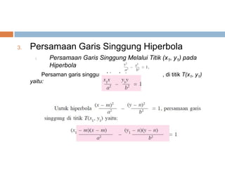 3.   Persamaan Garis Singgung Hiperbola
       i.   Persamaan Garis Singgung Melalui Titik (x1, y1) pada
            Hiperbola
          Persaman garis singgung hiperbol   a     , di titik T(x1, y1)
     yaitu:
 