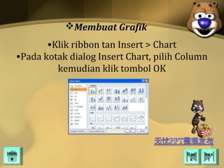 Membuat Grafik
         •Klik ribbon tan Insert > Chart
  •Pada kotak dialog Insert Chart, pilih Column
           kemudian klik tombol OK




Hom
Hom                                       Bac
                                           Bac   nex
                                                  nex
 ee                                        kk      tt
 