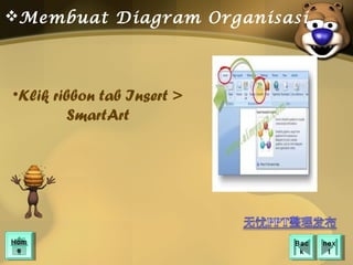 Membuat Diagram Organisasi



•Klik ribbon tab Insert >
         SmartArt




Hom
Hom                         Bac
                             Bac   nex
                                    nex
 ee                          kk      tt
 