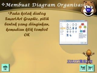 Membuat Diagram Organisasi
   •Pada kotak dialog
 SmartArt Graphic, pilih
 bentuk yang diinginkan,
  kemudian klik tombol
           OK




Hom
Hom                        Bac
                            Bac   nex
                                   nex
 ee                         kk      tt
 