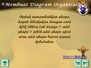 Membuat Diagram Organisasi


       •Untuk menambahkan shape,
      dapat dilakukan dengan cara
       klik ribbon tab design > add
      shape > pilih add shape after
      atau add shape before sesuai
                 kebutuhan



Hom
Hom                                   Bac
                                       Bac   nex
                                              nex
 ee                                    kk      tt
 