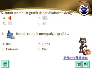 5.Untuk membuat grafik dapat dilakukan dengan…
  a.                   c.
  b.                   d.

6.       icon di sampik merupakan grafik…

a. Bar                c. Lines
b. Columb             d. Pie


 Hom
 Hom                                         Bac
                                              Bac   nex
                                                     nex
  ee                                          kk      tt
 