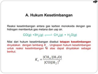 A. Hukum Kesetimbangan 
Reaksi kesetimbangan antara gas karbon monoksida dengan gas 
hidrogen membentuk gas metana dan uap air. 
Nilai dari hukum kesetimbangan disebut tetapan kesetimbangan 
dinyatakan dengan lambang K . Ungkapan hukum kesetimbangan 
untuk reaksi kesetimbangan C 
di atas dapat dinyatakan sebagai 
berikut. 
 