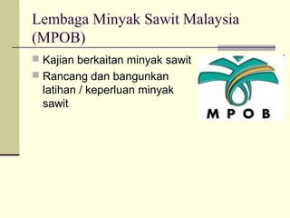 Lembaga Minyak Sawit Malaysia
(MPOB)
 Kajian berkaitan minyak sawit
 Rancang dan bangunkan
  latihan / keperluan minyak
  sawit
 