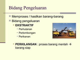 Bidang Pengeluaran
 Memproses / hasilkan barang-barang
 Bidang pengeluaran
 EKSTRAKTIF
 Perhutanan
 Perlombongan
 Perikanan
 PERKILANGAN : proses barang mentah 
barang siap
 
