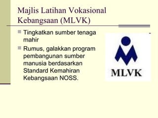 Majlis Latihan Vokasional
Kebangsaan (MLVK)
 Tingkatkan sumber tenaga
mahir
 Rumus, galakkan program
pembangunan sumber
manusia berdasarkan
Standard Kemahiran
Kebangsaan NOSS.
 