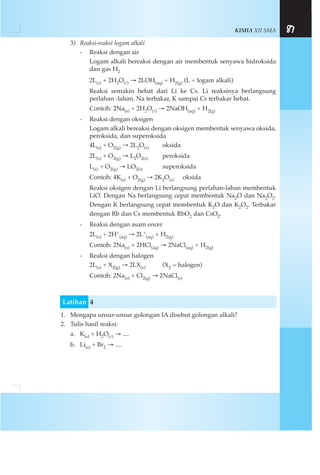 KIMIA XII SMA 87
3) Reaksi-reaksi logam alkali
- Reaksi dengan air
Logam alkali bereaksi dengan air membentuk senyawa hidroksida
dan gas H2
2L(s) + 2H2O(l) → 2LOH(aq) + H2(g) (L = logam alkali)
Reaksi semakin hebat dari Li ke Cs. Li reaksinya berlangsung
perlahan -lahan, Na terbakar, K sampai Cs terbakar hebat.
Contoh: 2Na(s) + 2H2O(l) → 2NaOH(aq) + H2(g)
- Reaksi dengan oksigen
Logam alkali bereaksi dengan oksigen membentuk senyawa oksida,
peroksida, dan superoksida
4L(s) + O2(g) → 2L2O(s) oksida
2L(s) + O2(g) → L2O2(s) peroksida
L(s) + O2(g) → LO2(s) superoksida
Contoh: 4K(s) + O2(g) → 2K2O(s) oksida
Reaksi oksigen dengan Li berlangsung perlahan-lahan membentuk
LiO. Dengan Na berlangsung cepat membentuk Na2O dan Na2O2.
Dengan K berlangsung cepat membentuk K2O dan K2O2. Terbakar
dengan Rb dan Cs membentuk RbO2 dan CsO2.
- Reaksi dengan asam encer
2L(s) + 2H+
(aq) → 2L+
(aq) + H2(g)
Contoh: 2Na(s) + 2HCl(aq) → 2NaCl(aq) + H2(g)
- Reaksi dengan halogen
2L(s) + X2(g) → 2LX(s) (X2 = halogen)
Contoh: 2Na(s) + Cl2(g) → 2NaCl(s)
Latihan 4
1. Mengapa unsur-unsur golongan IA disebut golongan alkali?
2. Tulis hasil reaksi:
a. K(s) + H2O(l) → ....
b. Li(s) + Br2 → ....
 