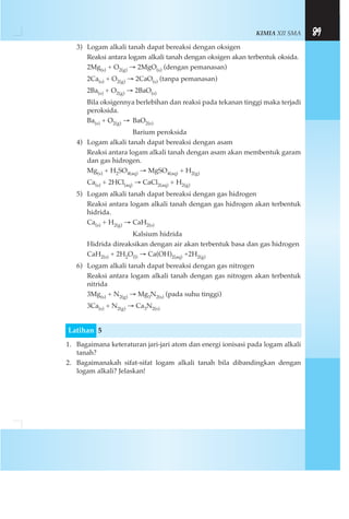 KIMIA XII SMA 89
3) Logam alkali tanah dapat bereaksi dengan oksigen
Reaksi antara logam alkali tanah dengan oksigen akan terbentuk oksida.
2Mg(s) + O2(g) → 2MgO(s) (dengan pemanasan)
2Ca(s) + O2(g) → 2CaO(s) (tanpa pemanasan)
2Ba(s) + O2(g) → 2BaO(s)
Bila oksigennya berlebihan dan reaksi pada tekanan tinggi maka terjadi
peroksida.
Ba(s) + O2(g) → BaO2(s)
Barium peroksida
4) Logam alkali tanah dapat bereaksi dengan asam
Reaksi antara logam alkali tanah dengan asam akan membentuk garam
dan gas hidrogen.
Mg(s) + H2SO4(aq) → MgSO4(aq) + H2(g)
Ca(s) + 2HCl(aq) → CaCl2(aq) + H2(g)
5) Logam alkali tanah dapat bereaksi dengan gas hidrogen
Reaksi antara logam alkali tanah dengan gas hidrogen akan terbentuk
hidrida.
Ca(s) + H2(g) → CaH2(s)
Kalsium hidrida
Hidrida direaksikan dengan air akan terbentuk basa dan gas hidrogen
CaH2(s) + 2H2O(l) → Ca(OH)2(aq) +2H2(g)
6) Logam alkali tanah dapat bereaksi dengan gas nitrogen
Reaksi antara logam alkali tanah dengan gas nitrogen akan terbentuk
nitrida
3Mg(s) + N2(g) → Mg3N2(s) (pada suhu tinggi)
3Ca(s) + N2(g) → Ca3N2(s)
Latihan 5
1. Bagaimana keteraturan jari-jari atom dan energi ionisasi pada logam alkali
tanah?
2. Bagaimanakah sifat-sifat logam alkali tanah bila dibandingkan dengan
logam alkali? Jelaskan!
 