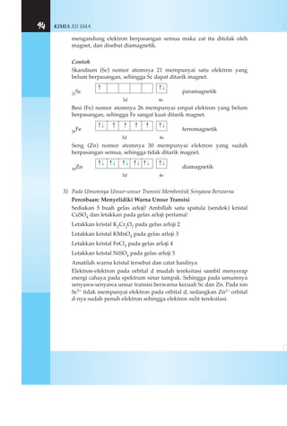 KIMIA XII SMA94
mengandung elektron berpasangan semua maka zat itu ditolak oleh
magnet, dan disebut diamagnetik.
Contoh
Skandium (Sc) nomor atomnya 21 mempunyai satu elektron yang
belum berpasangan, sehingga Sc dapat ditarik magnet.
21Sc paramagnetik
3d 4s
Besi (Fe) nomor atomnya 26 mempunyai empat elektron yang belum
berpasangan, sehingga Fe sangat kuat ditarik magnet.
26Fe ferromagnetik
3d 4s
Seng (Zn) nomor atomnya 30 mempunyai elektron yang sudah
berpasangan semua, sehingga tidak ditarik magnet.
30Zn diamagnetik
3d 4s
3) Pada Umumnya Unsur-unsur Transisi Membentuk Senyawa Berwarna
Percobaan: Menyelidiki Warna Unsur Transisi
Sediakan 5 buah gelas arloji! Ambillah satu spatula (sendok) kristal
CuSO4 dan letakkan pada gelas arloji pertama!
Letakkan kristal K2Cr2O7 pada gelas arloji 2
Letakkan kristal KMnO4 pada gelas arloji 3
Letakkan kristal FeCl3 pada gelas arloji 4
Letakkan kristal NiSO4 pada gelas arloji 5
Amatilah warna kristal tersebut dan catat hasilnya
Elektron-elektron pada orbital d mudah tereksitasi sambil menyerap
energi cahaya pada spektrum sinar tampak. Sehingga pada umumnya
senyawa-senyawa unsur transisi berwarna kecuali Sc dan Zn. Pada ion
Sc3+ tidak mempunyai elektron pada orbital d, sedangkan Zn2+ orbital
d-nya sudah penuh elektron sehingga elektron sulit tereksitasi.
↑↓↑↓ ↑↓ ↑↓ ↑↓ ↑↓
↑↓↑↓ ↑ ↑ ↑ ↑
↑↓↑
 