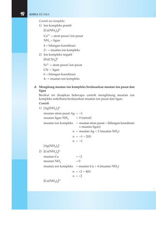 KIMIA XII SMA98
Contoh ion kompleks
1) Ion kompleks positif
[Cu(NH3)4]2+
Cu2+ = atom pusat/ion pusat
NH3 = ligan
4 = bilangan koordinasi
2+ = muatan ion kompleks
2) Ion kompleks negatif
[Fe(CN)6]4-
Fe2+ = atom pusat/ion pusat
CN- = ligan
6 = bilangan koordinasi
4– = muatan ion kompleks
d. Mengitung muatan ion kompleks berdasarkan muatan ion pusat dan
ligan
Berikut ini disajikan beberapa contoh menghitung muatan ion
kompleks sederhana berdasarkan muatan ion pusat dan ligan.
Contoh
1) [Ag(NH3)2]n
muatan atom pusat Ag = +1
muatan ligan NH3 = 0 (netral)
muatan ion kompleks = muatan atom pusat + (bilangan koordinasi
x muatan ligan)
n = muatan Ag + 2 (muatan NH3)
n = +1 + 2(0)
n = +1
[Ag(NH3)2]+
2) [Cu(NH3)4]n
muatan Cu = +2
muatan NH3 = 0
muatan ion kompleks = muatan Cu + 4 (muatan NH3)
n = +2 + 4(0)
n = +2
[Cu(NH3)4]2+
 