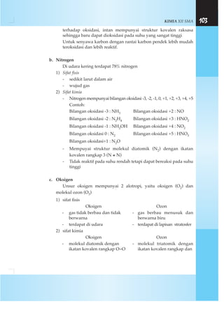 KIMIA XII SMA 103
terhadap oksidasi, intan mempunyai struktur kovalen raksasa
sehingga baru dapat dioksidasi pada suhu yang sangat tinggi
Untuk senyawa karbon dengan rantai karbon pendek lebih mudah
teroksidasi dan lebih reaktif.
b. Nitrogen
Di udara kering terdapat 78% nitrogen
1) Sifat fisis
- sedikit larut dalam air
- wujud gas
2) Sifat kimia
- Nitrogen mempunyai bilangan oksidasi -3, -2, -1, 0, +1, +2, +3, +4, +5
Contoh:
Bilangan oksidasi -3 : NH3 Bilangan oksidasi +2 : NO
Bilangan oksidasi -2 : N2H4 Bilangan oksidasi +3 : HNO2
Bilangan oksidasi -1 : NH2OH Bilangan oksidasi +4 : NO2
Bilangan oksidasi 0 : N2 Bilangan oksidasi +5 : HNO3
Bilangan oksidasi+1 : N2O
- Mempuyai struktur molekul diatomik (N2) dengan ikatan
kovalen rangkap 3 (N ≡ N)
- Tidak reaktif pada suhu rendah tetapi dapat bereaksi pada suhu
tinggi
c. Oksigen
Unsur oksigen mempunyai 2 alotropi, yaitu oksigen (O2) dan
molekul ozon (O3)
1) sifat fisis
Oksigen Ozon
- gas tidak berbau dan tidak - gas berbau menusuk dan
berwarna berwarna biru
- terdapat di udara - terdapat di lapisan stratosfer
2) sifat kimia
Oksigen Ozon
- molekul diatomik dengan - molekul triatomik dengan
ikatan kovalen rangkap O=O ikatan kovalen rangkap dan
 