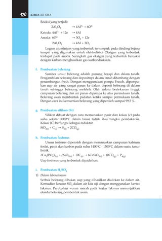 KIMIA XII SMA120
Reaksi yang terjadi:
2Al2O3 → 4Al3+ + 6O2-
Katoda: 4Al3+ + 12e → 4Al
Anoda: 6O2- → 3O2 + 12e
2Al2O3 → 4Al + 3O2
Logam aluminium yang terbentuk tertumpuk pada dinding bejana
tempat yang digunakan untuk elektrolisis). Oksigen yang terbentuk
terdapat pada anoda. Seringkali gas oksigen yang terbentuk bereaksi
dengan karbon menghasilkan gas karbondioksida.
f. Pembuatan belerang
Sumber unsur belerang adalah gunung berapi dan dalam tanah.
Pengambilan belerang dan depositnya dalam tanah ditambang dengan
penambangan frash. Dengan menggunakan pompa Frasch, dipompa-
kan uap air yang sangat panas ke dalam deposit belerang di dalam
tanah sehingga belerang meleleh. Oleh udara bertekanan tinggi,
campuran belerang dan air panas dipompa ke atas permukaan tanah.
Belerang akan membentuk padatan ketika sampai permukaan tanah.
Dengan cara ini kemurnian belerang yang diperoleh sampai 99,5 %.
g. Pembuatan silikon (Si)
Silikon dibuat dengan cara memanaskan pasir dan kokas (c) pada
suhu sekitar 3000oC dalam tanur listrik atau tungku pembakaran.
Kokas (C) berfungsi sebagai reduktor.
SiO2(l) + C(s) → Si(l) + 2CO(g)
h. Pembuatan fosforus
Unsur fosforus diperoleh dengan memanaskan campuran kalsium
fosfat, pasir, dan karbon pada suhu 1400oC - 1500oC dalam suatu tanur
listrik.
2Ca3(PO4)2(s) + 6SiO2(s) + 10C(s) → 6CaSiO3(s) + 10CO(g) + P4(g)
Uap fosforus yang terbentuk dipadatkan.
i. Pembuatan H2SO4
1) Dalam laboratorium
Serbuk belerang dibakar, uap yang dihasilkan dialirkan ke dalam air.
Kemudian larutan SO3 dalam air kita uji dengan menggunakan kertas
lakmus. Perubahan warna merah pada kertas lakmus menunjukkan
oksida belerang pembentuk asam.
 