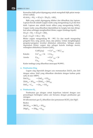 KIMIA XII SMA124
Kemudian bijih pekat dipanggang untuk mengubah bijih pekat menja-
di besi sulfida.
4CuFeS2 + 9O2 → 2Cu2S + 2Fe2O3 + 6SO2
Bijih yang sudah dipanggang dilebur dan dihasilkan dua lapisan.
Lapisan bawah adalah Copper matte yang mengandung Cu2S dan besi
leleh. Lapisan atas adalah kerak silikat yang mengandung FeSiO3.
Copper matte yang dihasilkan dipindahkan ke tungku lain dan ditiup-
kan udara sehingga menghasilkan blister copper (tembaga lepuh).
2Cu2S + 3O2 → 2Cu2O + 2SO2
Cu2S + Cu2O → 2Cu + SO2
Blister copper mengandung 98 - 99% Cu dan masih mengandng
pengotor besi, seng, perak, emas, dan platina. Untuk menghilangkan
pengotor-pengotor tersebut dilakukan elektrolisis. Sebagai anoda
digunakan blister copper dan sebagai katoda tembaga murni,
sedangkan elektolitnya larutan CuSO4.
CuSO4(aq) → Cu2+
(aq) + SO4
2-
(aq)
Katoda: Cu2+
(aq) + 2e → Cu(s)
Anoda: Cu(s) → Cu2+
(aq) + 2e
Cu(s) → Cu(s)
Kadar tembaga yang dihasilkan mencapai 99,999%.
n. Pembuatan Zing
Logam zing diperoleh dengan cara memanaskan ZnCO3 dan ZnS
dengan udara. ZnO yang dihasilkan direduksi dengan karbon pada
suhu di atas 1000oC.
ZnCO3(s) → ZnO(s) + CO2(g)
2ZnS(s) + 3O2(g) → 2ZnO(s) + 2SO2(g)
ZnO(s) + C(s) → Zn(s) + CO(g)
o. Pembuatan O2
Pembuatan gas oksigen untuk keperluan industri dengan cara
penyulingan bertingkat udara cair bersama dengan pembuatan gas
nitrogen.
Di laboratorium gas O2 dihasilkan dari pemanasan KClO3 dan HgO.
Reaksi:
2KClO3(s) → 2KCl(s) + 3O2(g)
2HgO(s) → 2Hg(l) + O2(g)
 