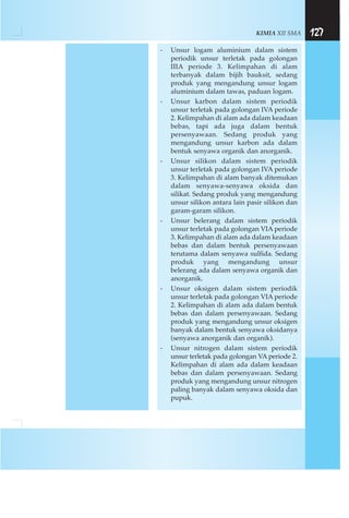 KIMIA XII SMA 127
- Unsur logam aluminium dalam sistem
periodik unsur terletak pada golongan
IIIA periode 3. Kelimpahan di alam
terbanyak dalam bijih bauksit, sedang
produk yang mengandung unsur logam
aluminium dalam tawas, paduan logam.
- Unsur karbon dalam sistem periodik
unsur terletak pada golongan IVA periode
2. Kelimpahan di alam ada dalam keadaan
bebas, tapi ada juga dalam bentuk
persenyawaan. Sedang produk yang
mengandung unsur karbon ada dalam
bentuk senyawa organik dan anorganik.
- Unsur silikon dalam sistem periodik
unsur terletak pada golongan IVA periode
3. Kelimpahan di alam banyak ditemukan
dalam senyawa-senyawa oksida dan
silikat. Sedang produk yang mengandung
unsur silikon antara lain pasir silikon dan
garam-garam silikon.
- Unsur belerang dalam sistem periodik
unsur terletak pada golongan VIA periode
3. Kelimpahan di alam ada dalam keadaan
bebas dan dalam bentuk persenyawaan
terutama dalam senyawa sulfida. Sedang
produk yang mengandung unsur
belerang ada dalam senyawa organik dan
anorganik.
- Unsur oksigen dalam sistem periodik
unsur terletak pada golongan VIA periode
2. Kelimpahan di alam ada dalam bentuk
bebas dan dalam persenyawaan. Sedang
produk yang mengandung unsur oksigen
banyak dalam bentuk senyawa oksidanya
(senyawa anorganik dan organik).
- Unsur nitrogen dalam sistem periodik
unsur terletak pada golongan VA periode 2.
Kelimpahan di alam ada dalam keadaan
bebas dan dalam persenyawaan. Sedang
produk yang mengandung unsur nitrogen
paling banyak dalam senyawa oksida dan
pupuk.
 